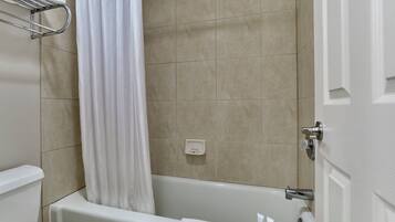 Hair dryer, towels, soap, toilet paper