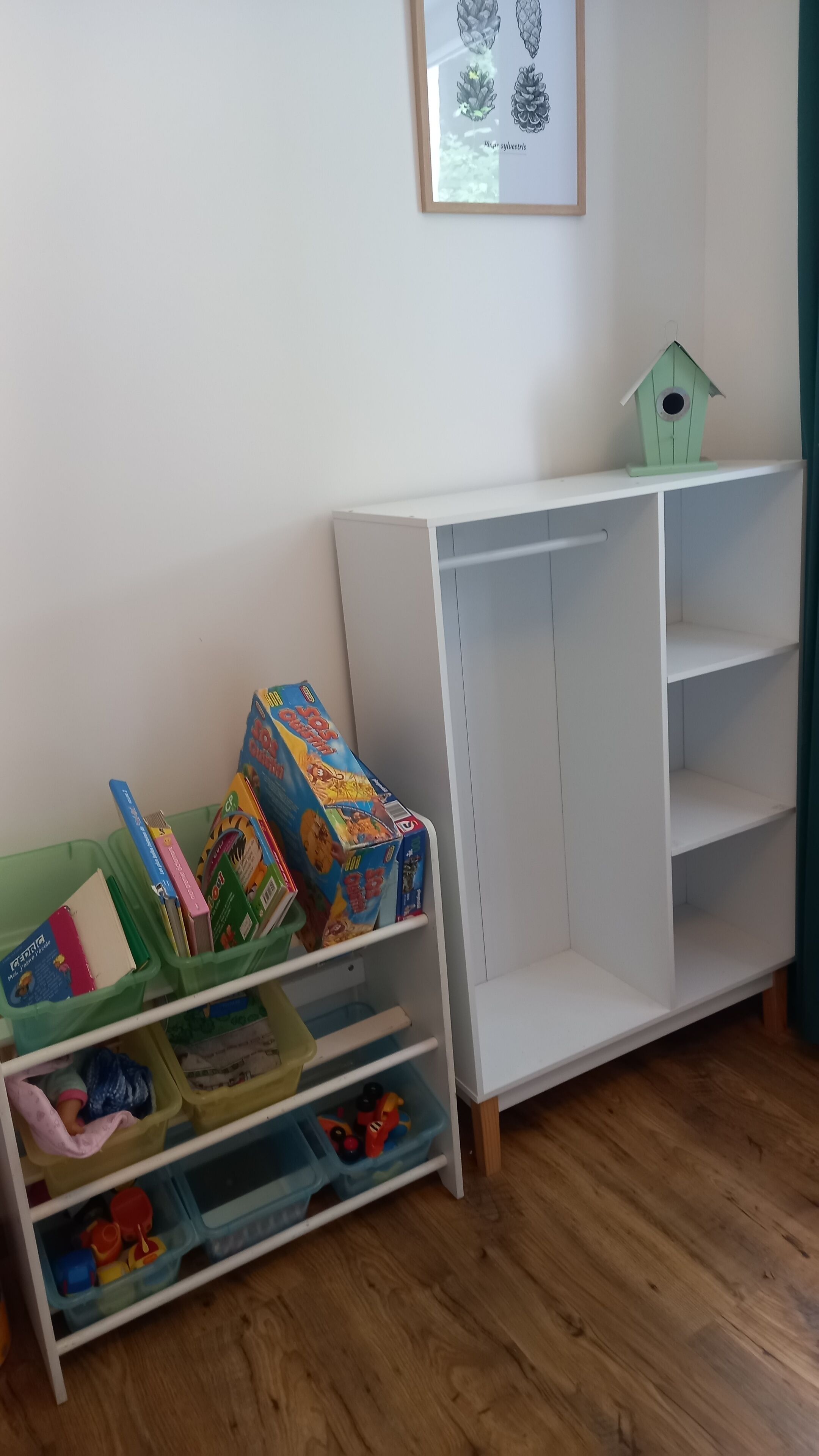 Een kamer met een wit schap, een groene opbergbox en een ingelijste botanische tekening aan de muur.