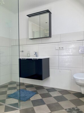 Shower, hair dryer, towels, toilet paper