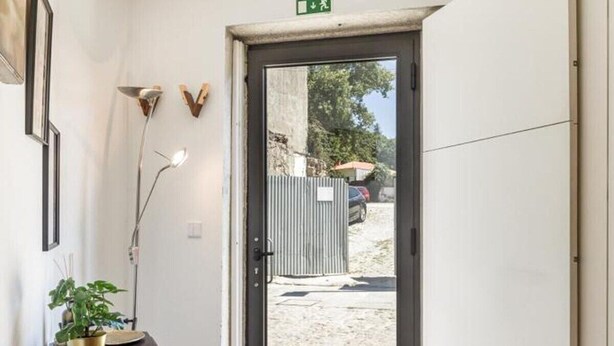 Una habitación con una puerta que da al exterior, una mesita con una planta, una alfombra y un cuadro en la pared.