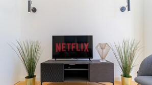 En moderne stue med et fladskærms-tv, der viser Netflix-logoet, et mørkt træunderholdningsmøbel og to potteplanter.