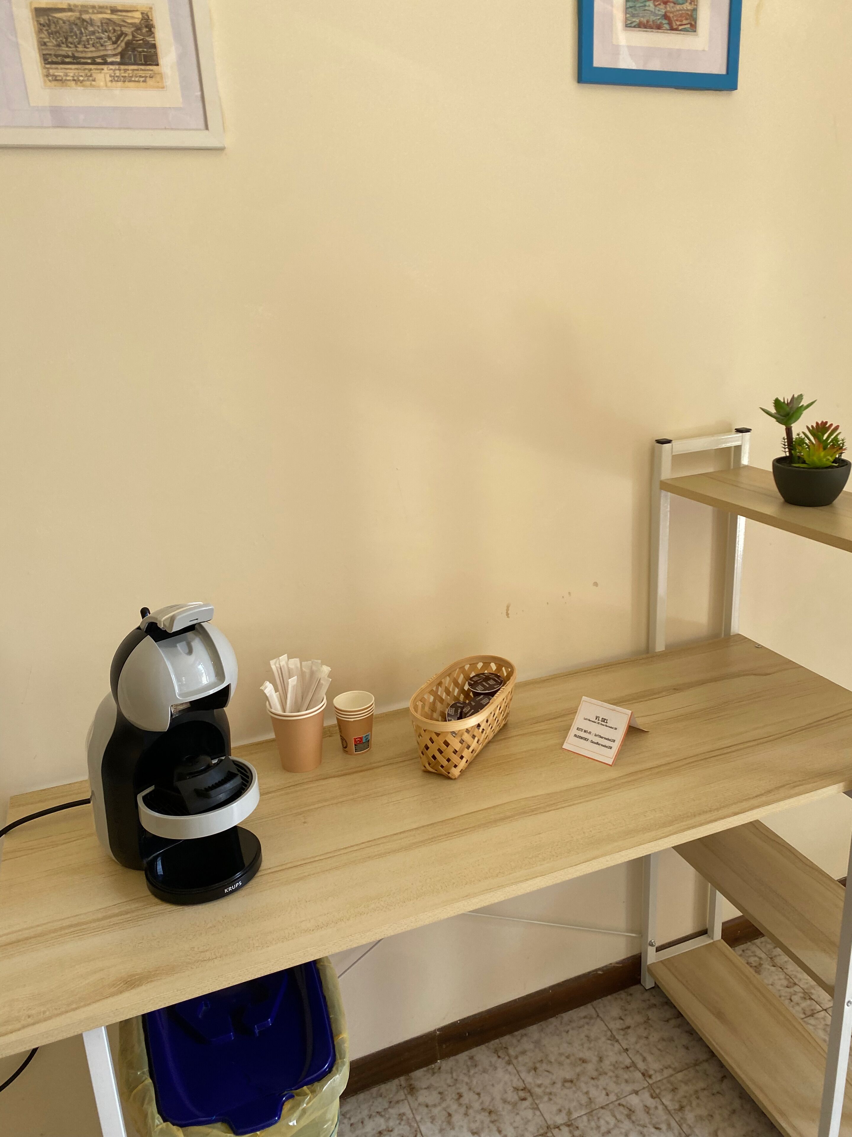 Una cafetera, una cesta y una planta pequeña en una estantería.