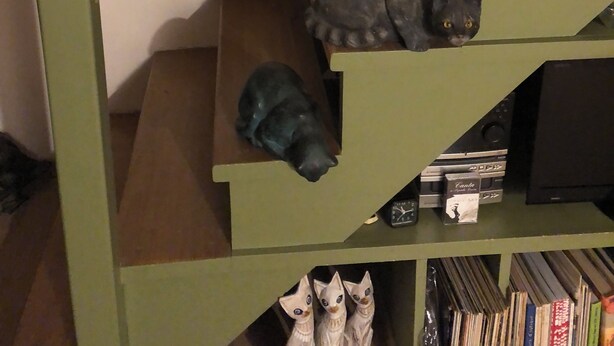 A staircase with a green handrail, wooden steps, and a shelf with books and a box. - Coquet Appartement Bastia vue sur mer (Bastia)