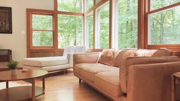 Een smart-tv, een open haard, boeken en een stereo