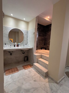 Shower, jetted tub, hair dryer, bidet