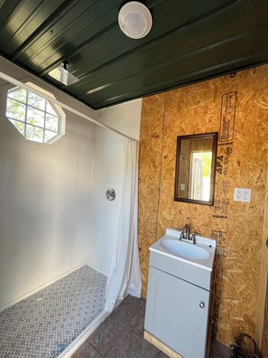 Hair dryer, towels, soap, toilet paper