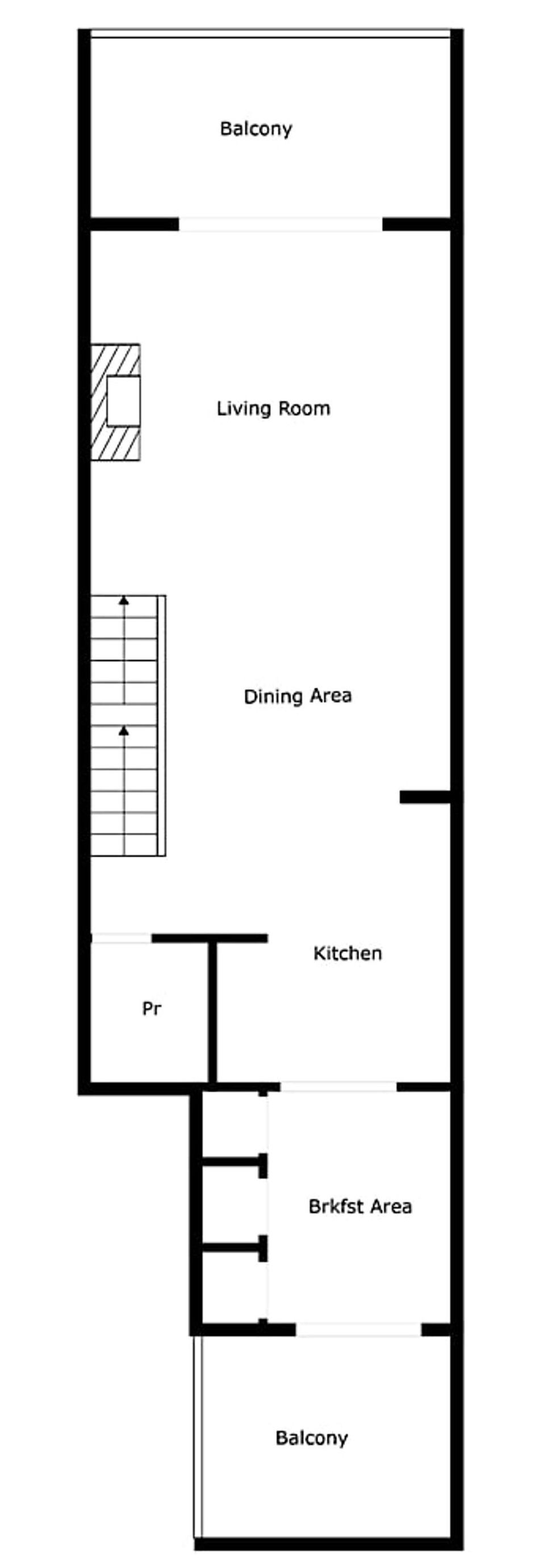 Plano de planta que muestra un balcón, sala de estar, comedor, cocina y desayunador.