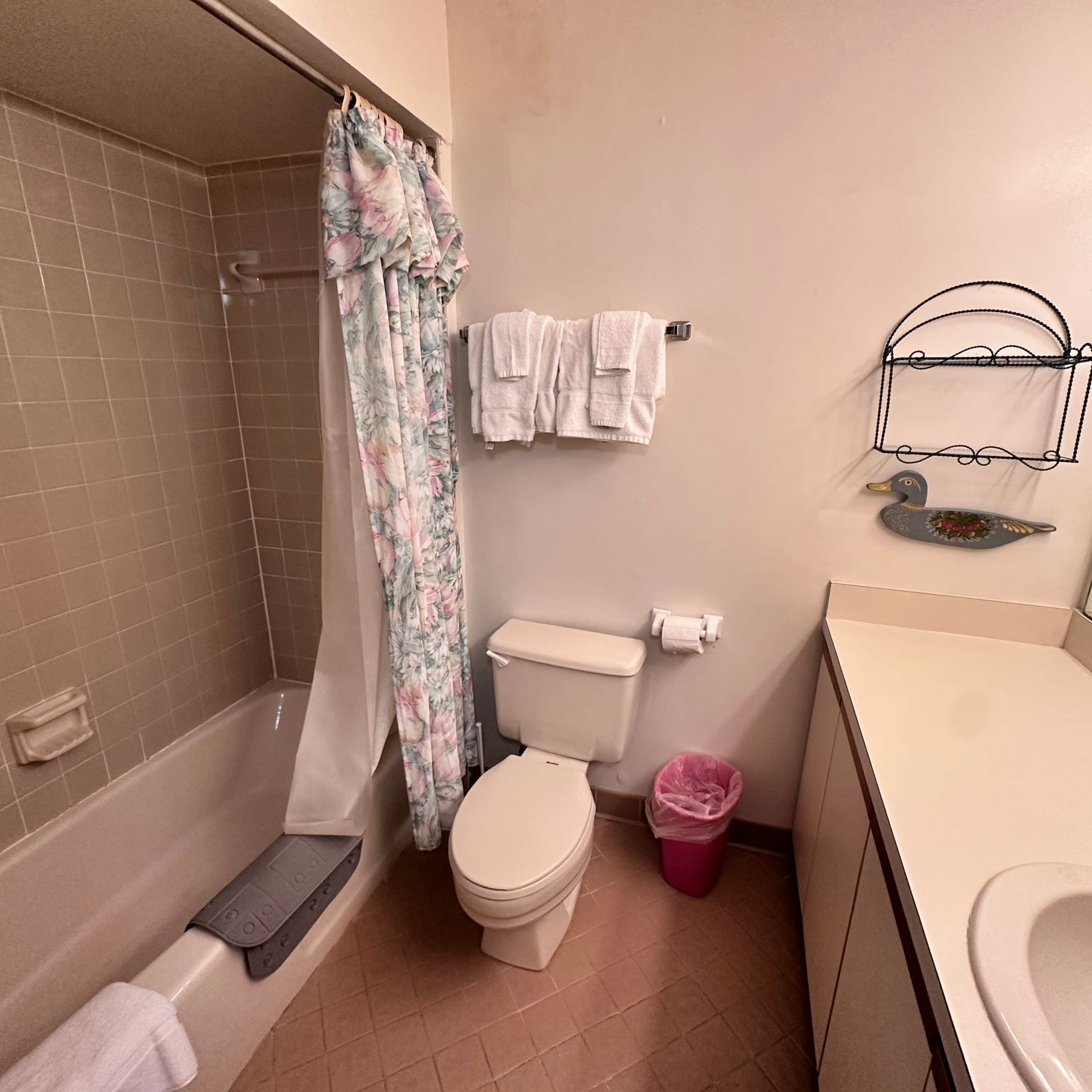 A bathroom with a shower, toilet, and sink.