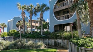 En modern byggnad med en unik, böljande arkitektur, omgiven av palmer och en träterrass.