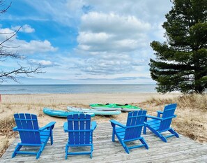 On the beach, sun-loungers, beach towels