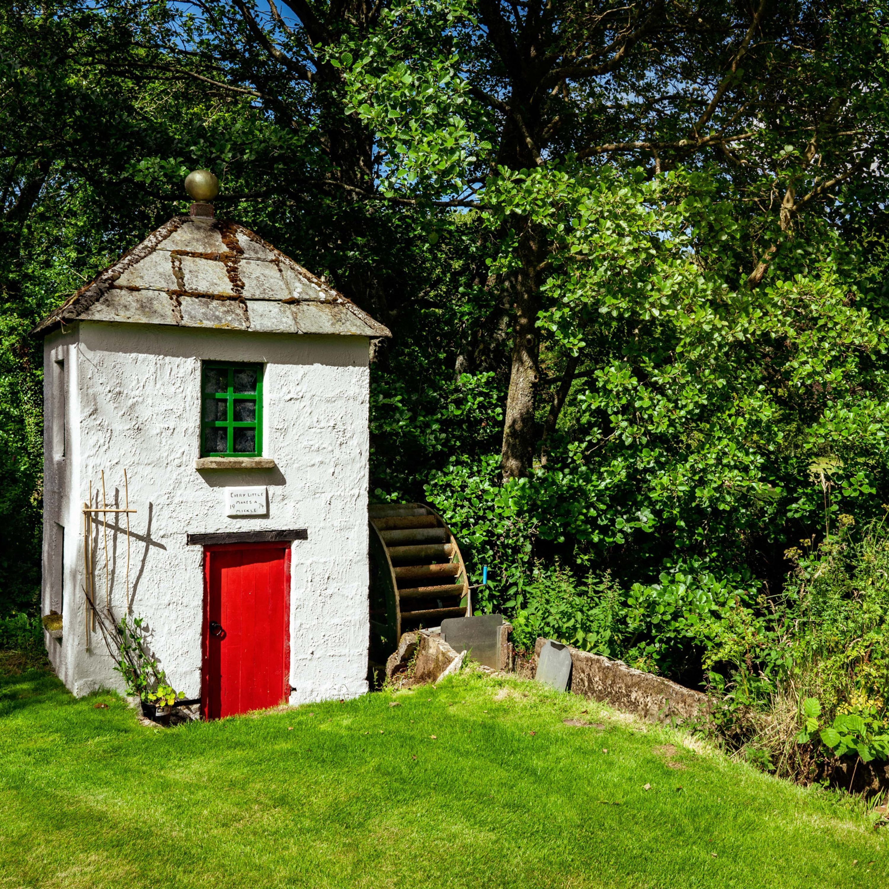 A small white building with a red door and a green window, surrounded by lush greenery and a large water wheel.