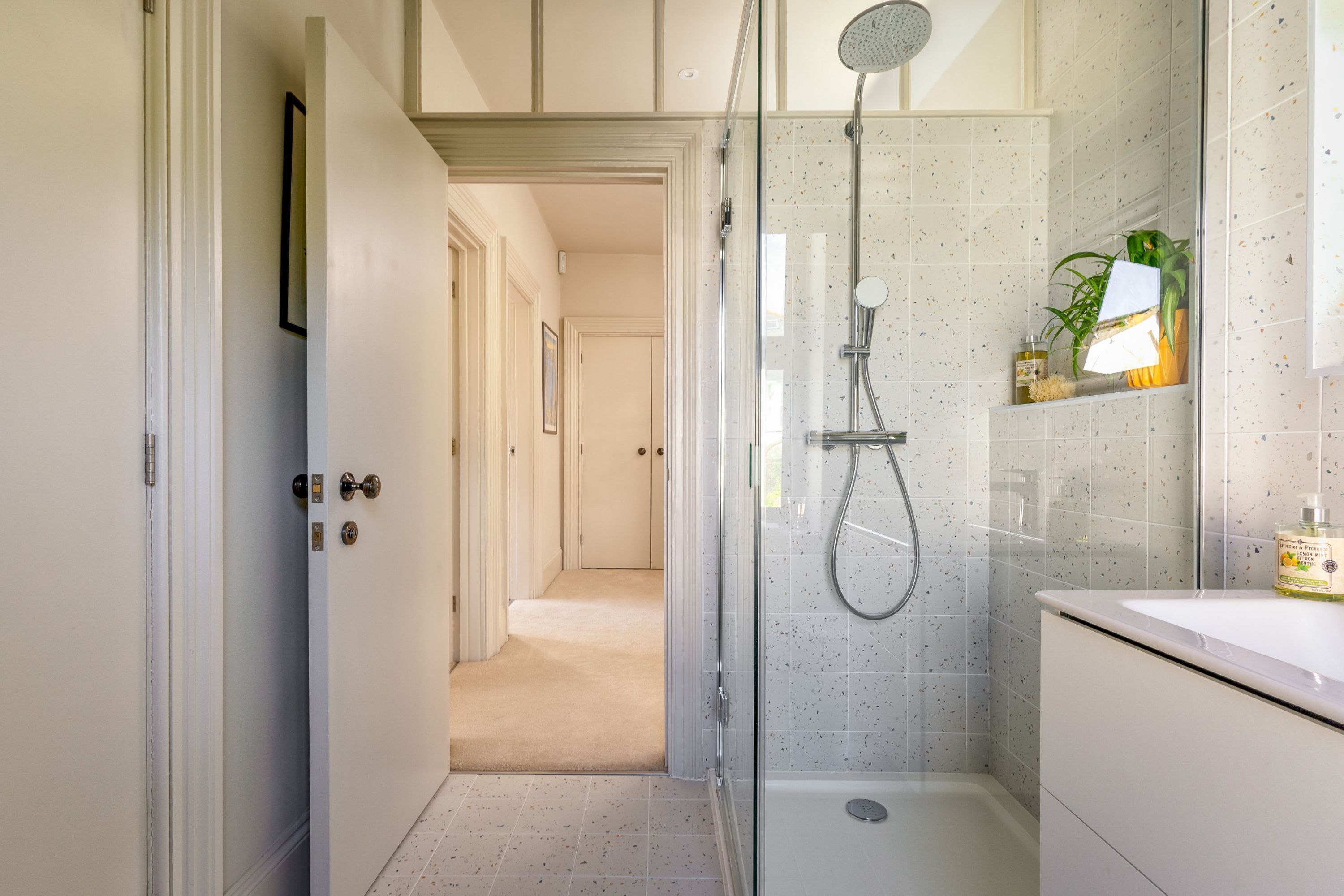 Une salle de bain moderne avec une douche à parois de verre, un lavabo blanc et une étagère contenant des articles de toilette.