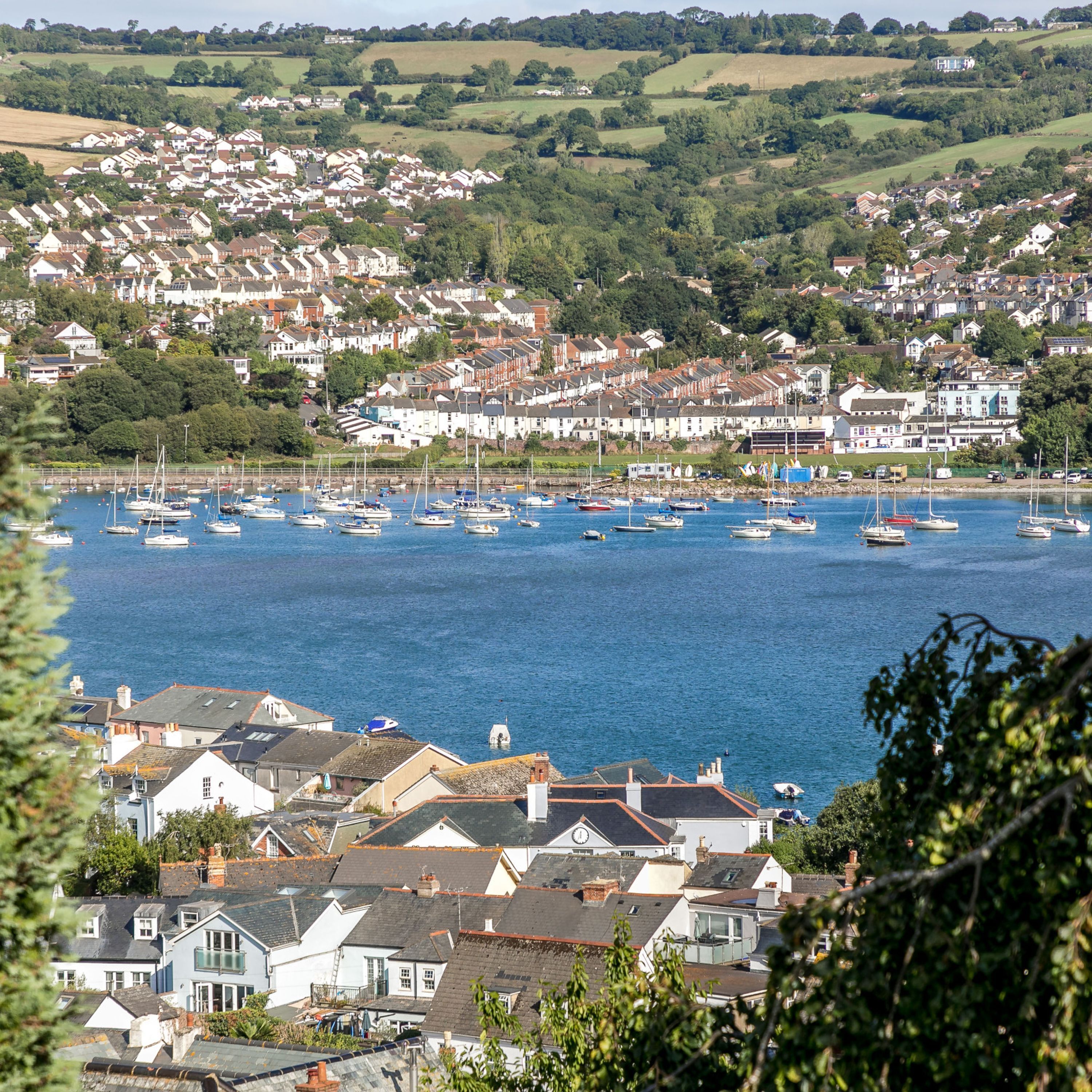 A coastal town with a marina filled with boats, surrounded by residential houses and greenery.