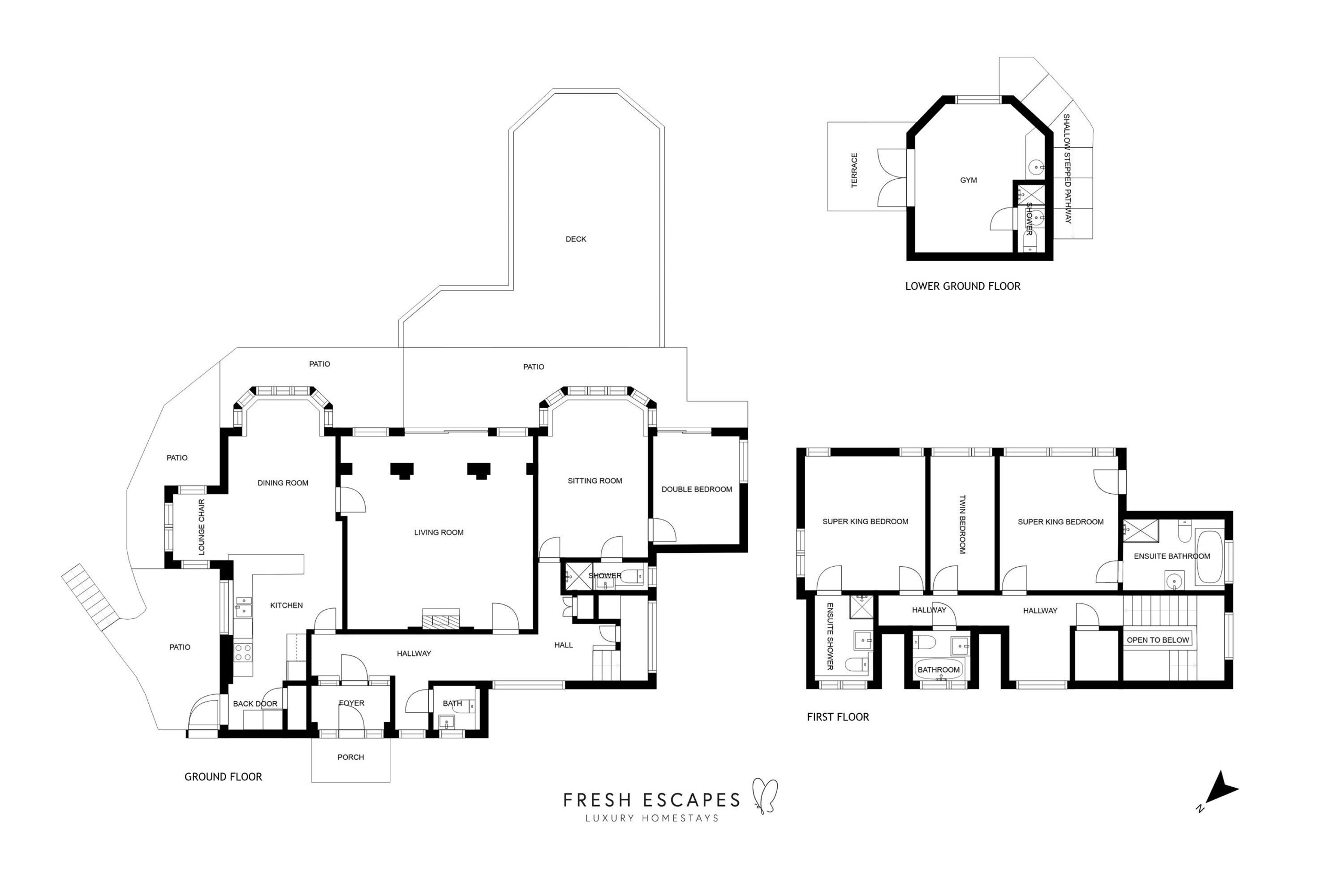 A floor plan of a luxury home with a ground floor, first floor, and lower ground floor. It includes a patio, dining room, living room, kitchen, and multiple bedrooms.