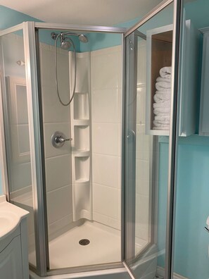 Hair dryer, towels, toilet paper