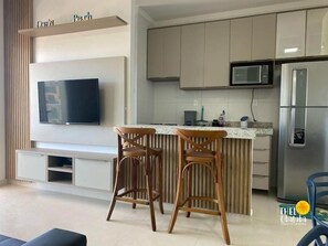Fridge, microwave, oven, cookware/dishes/utensils