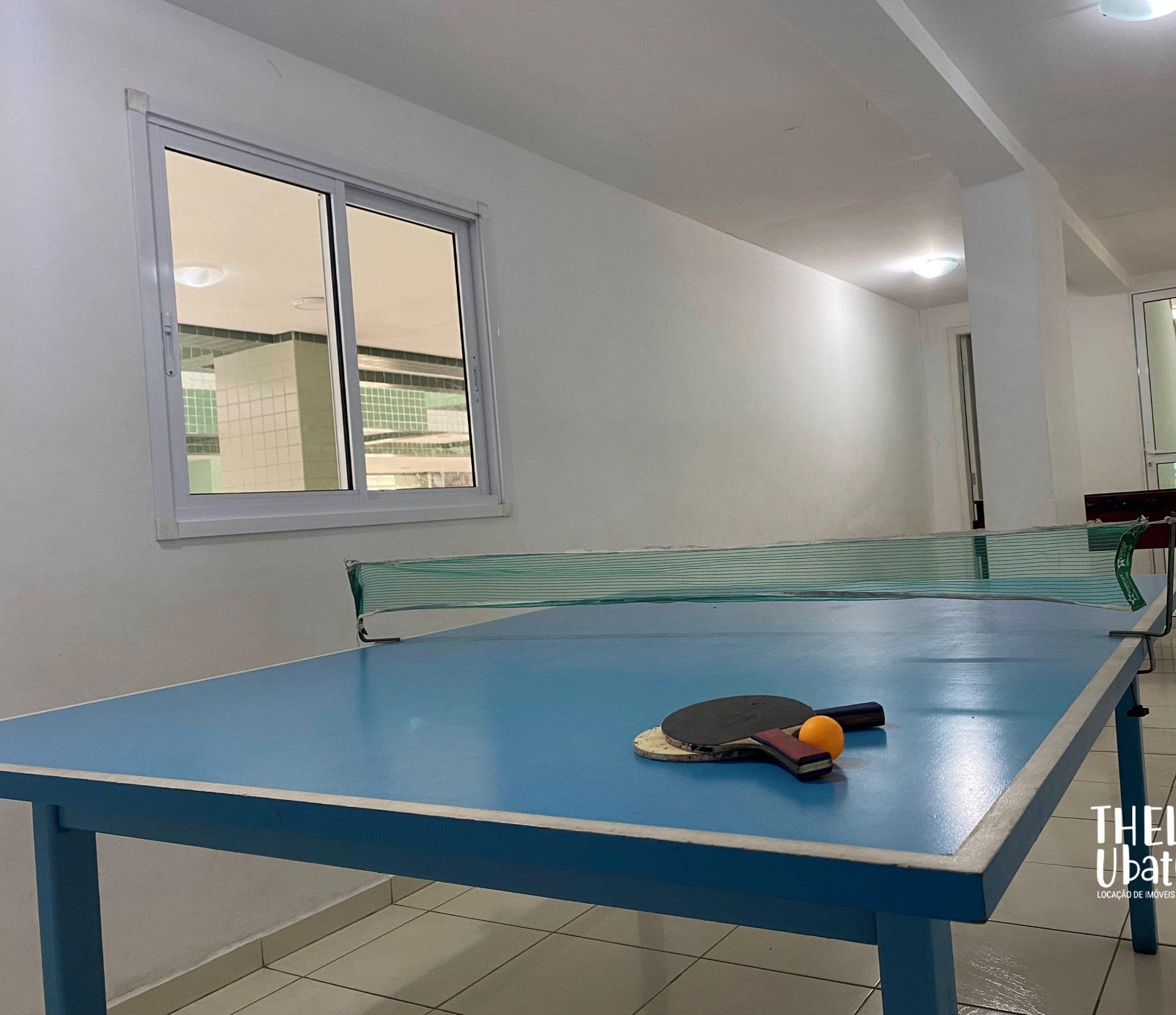 Una habitación con una mesa de ping pong azul, una ventana y una puerta que da al exterior.
