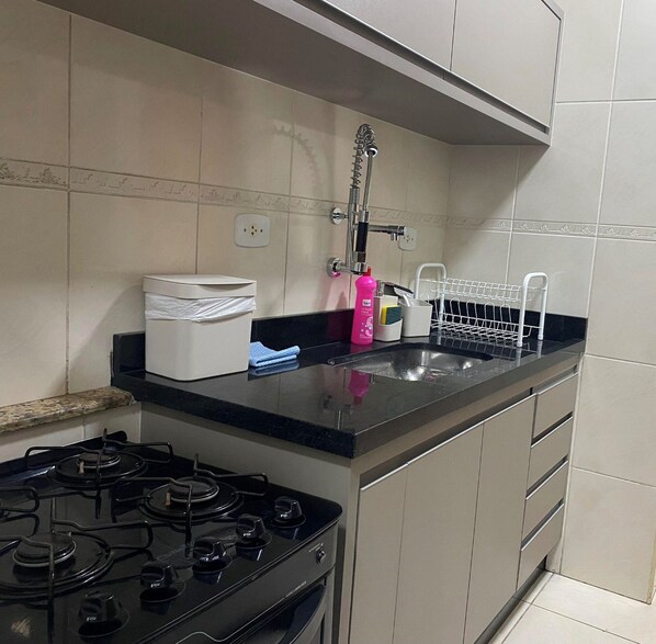 Une cuisine équipée d’une cuisinière à gaz, d’un évier et d’un plan de travail avec un égouttoir à vaisselle.