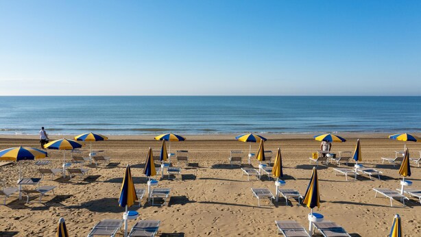 A beach with rows of sun loungers and umbrellas.