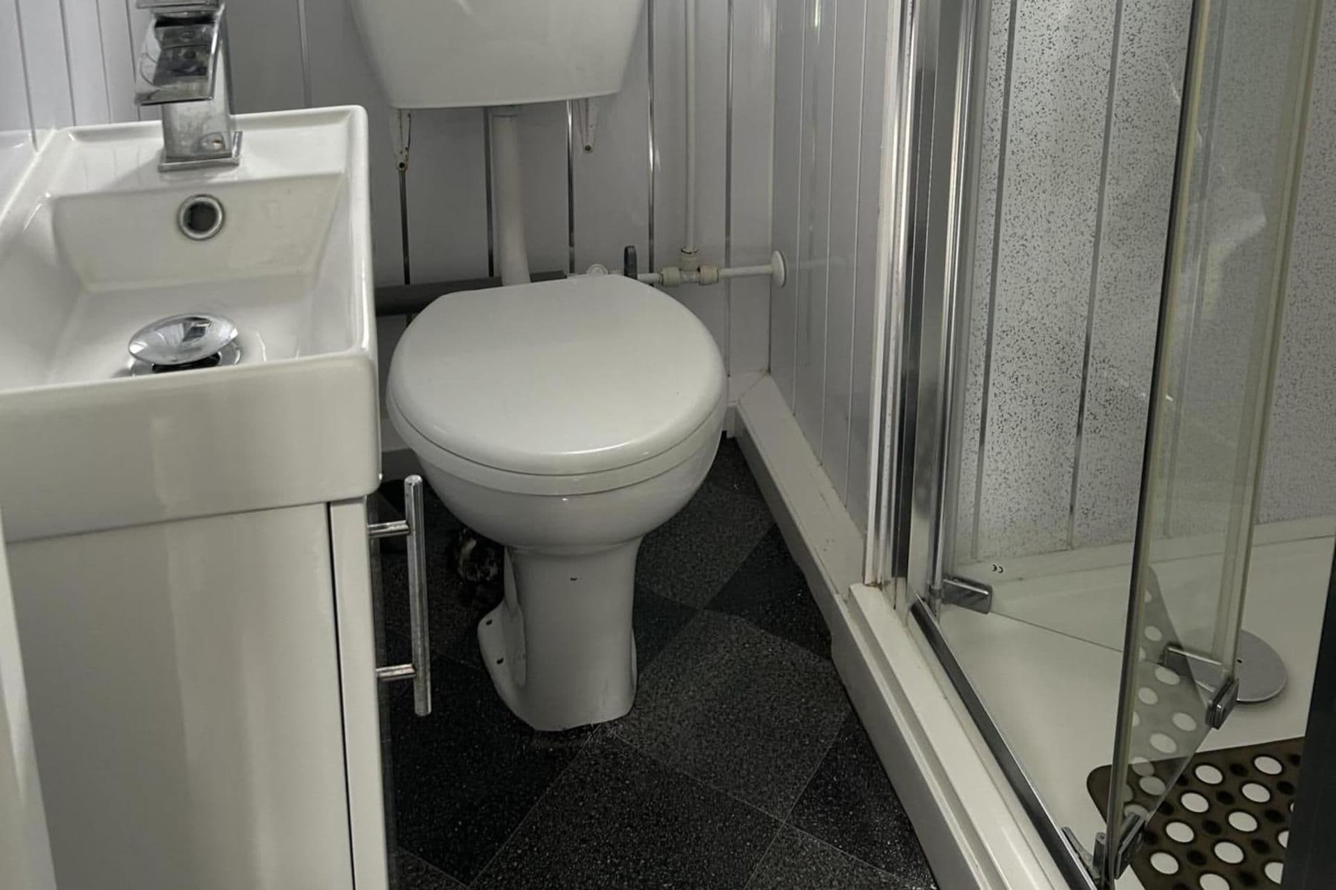 A bathroom with a white toilet, a sink, and a shower area.