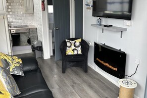 A modern living room with a black leather sofa, a black armchair with a patterned cushion, a fireplace, and a television mounted on the wall. - Cozy Seaside Chalet in Bridlington (Bridlington)