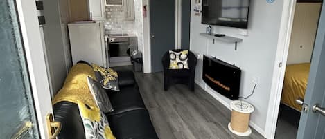 A compact living space with a black leather sofa, a flat-screen TV mounted on the wall, a fireplace, and a small kitchen area in the background.