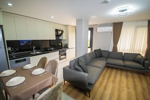 Deluxe Apartment, City View | Living area | 55-inch LED TV with satellite channels, heated floors - Luxury Life Suites (Istanbul)