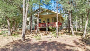 A cabin surrounded by tall pine trees. - Walk to Rainbow Lake: Peaceful Cabin w/ Fire Pit (Lakeside)