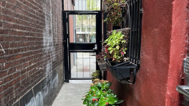A narrow alley with a red wall, a black gate, and potted plants along the wall. - Quite Cozy Studio apartment (Philadelphia)