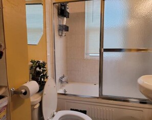 Bathroom features a toilet, shower area with glass door, and a bathtub.
