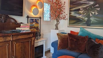 Smart TV, fireplace, books