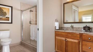 Hair dryer, towels, soap, shampoo