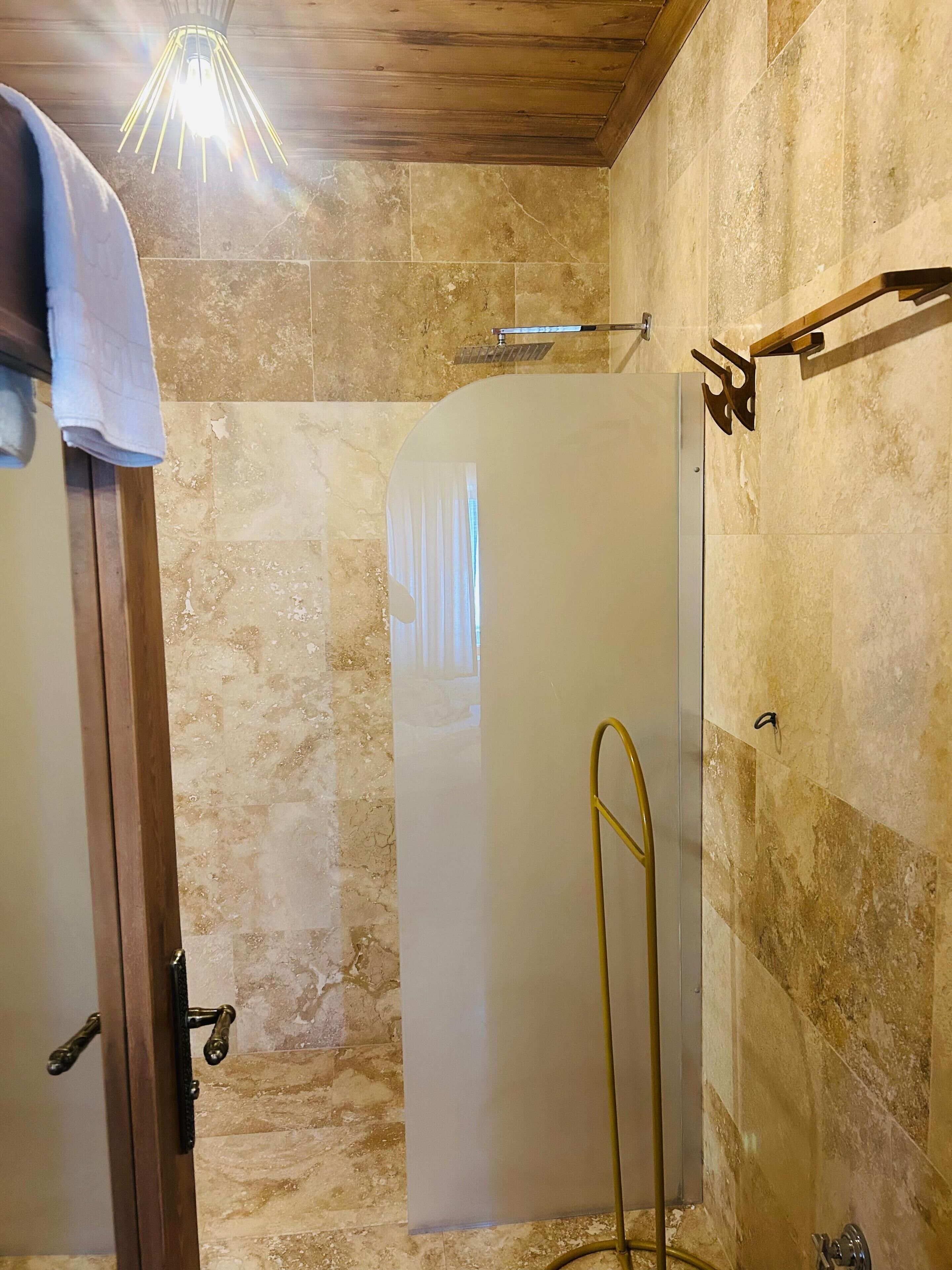 A shower area with a glass door, a towel rack, and a metal showerhead.