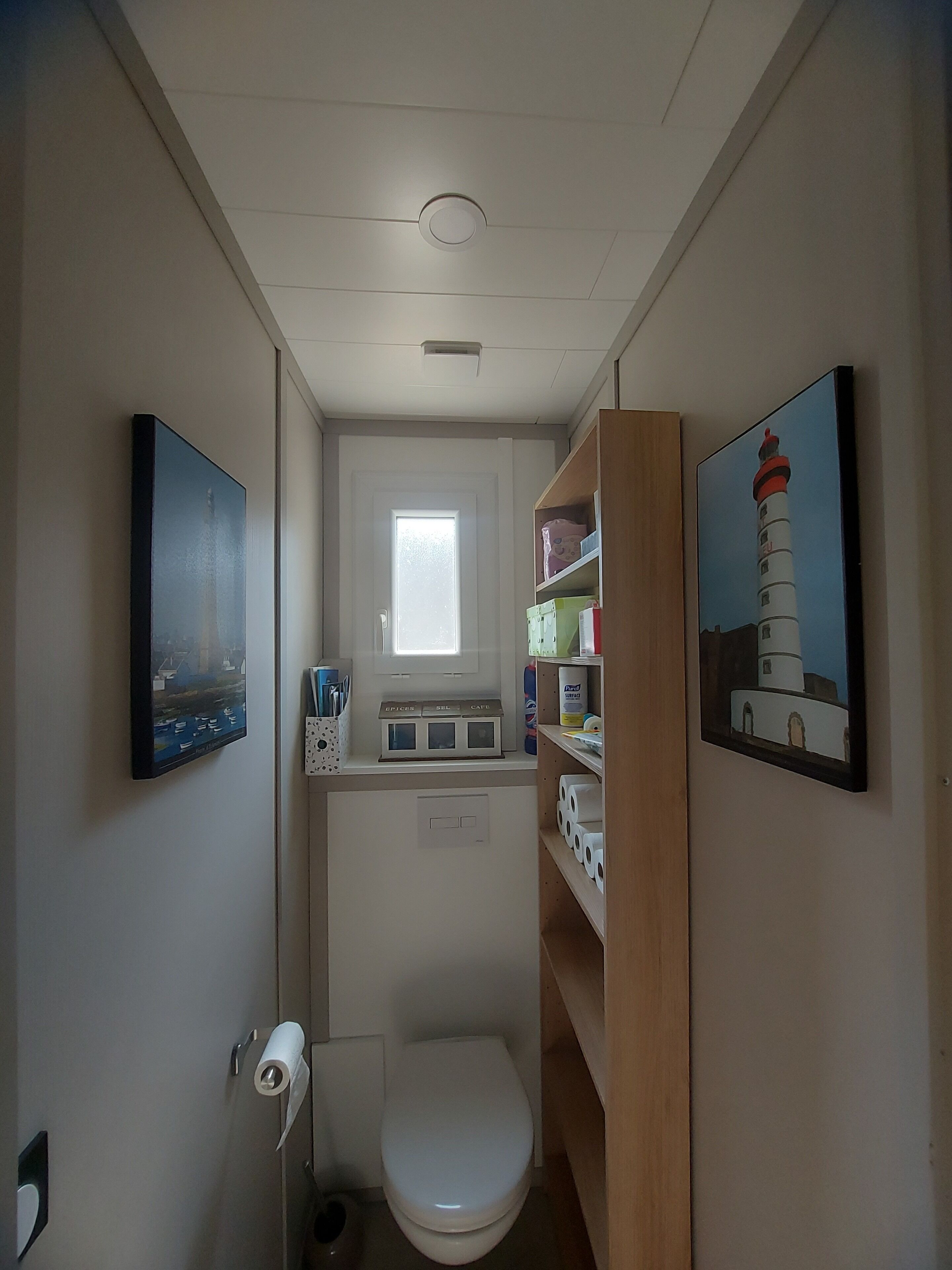 A narrow bathroom with a toilet, a window, and a shelf with toiletries.
