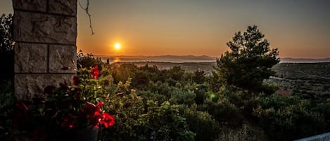 A sunset view from a stone building with a potted plant in the foreground.