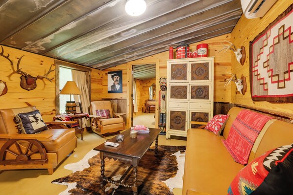 Fireplace, books, music library