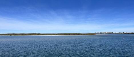 A coastal view with a clear sky, calm sea, and a distant shoreline with buildings.