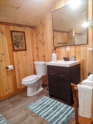 Douche, sèche-cheveux, serviettes fournies, savon