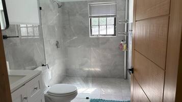 Shower, hair dryer, towels, soap