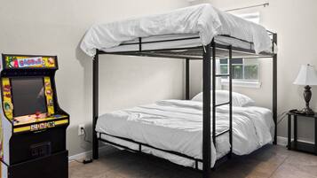 4 bedrooms, desk, iron/ironing board, travel cot