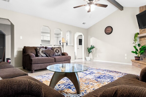 Smart TV, fireplace, video games, foosball