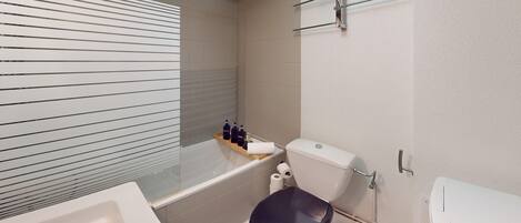 Shower, hair dryer, towels, shampoo