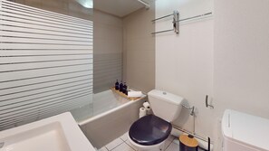 Chuveiro, secador de cabelo, toalhas de banho, shampoo