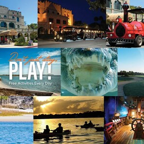 A collage of various activities and landmarks, including a museum, a train, a shark, a sunset view, and a ship's wheel. - Oceanfront Hibiscus D203 St Aug Free Tix (St. Augustine)