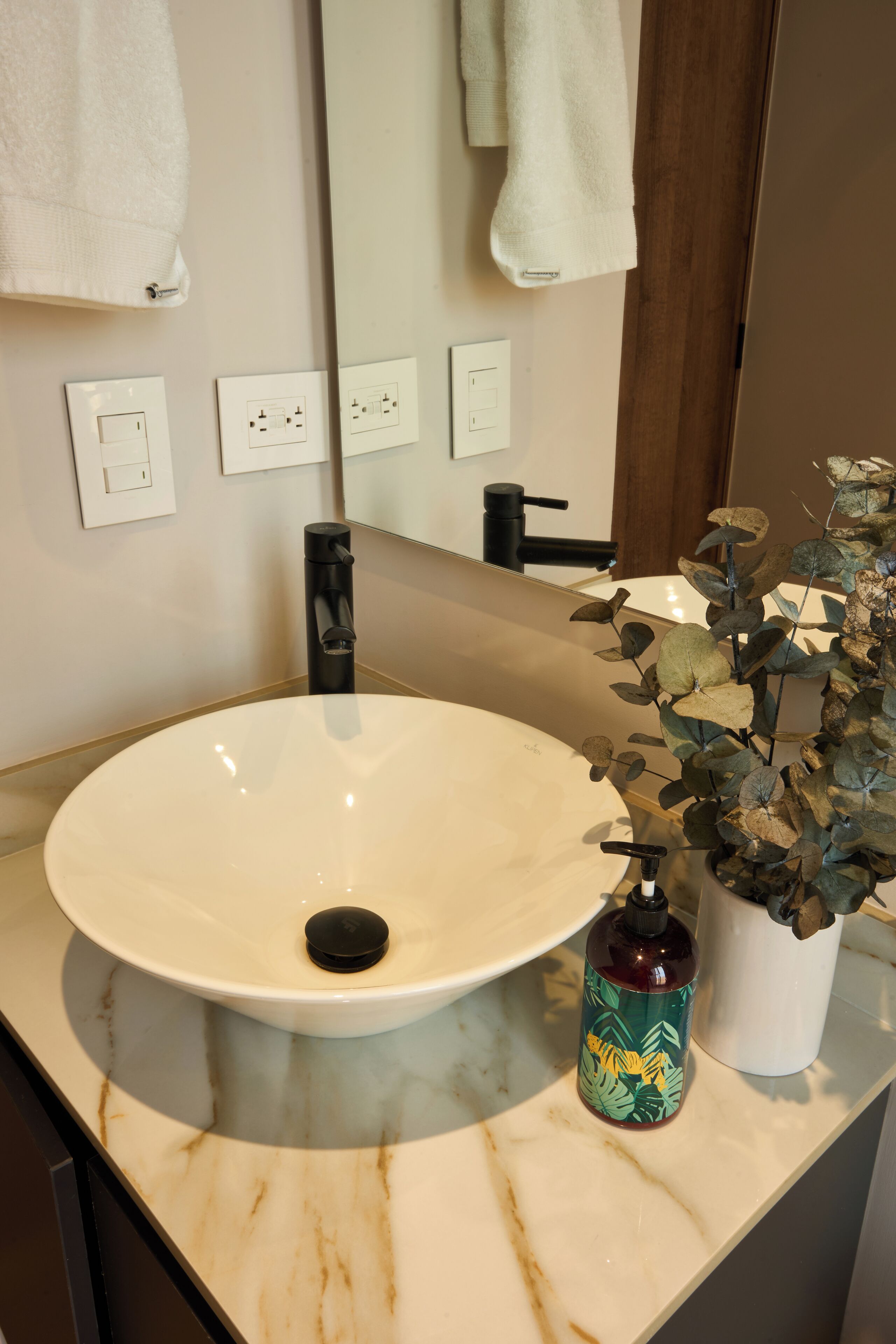 A bathroom with a white sink, a black faucet, and a potted plant with green leaves.