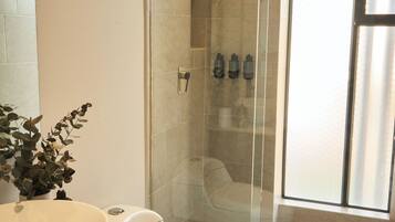 A modern bathroom with a glass-enclosed shower, a marble sink, and a toilet.