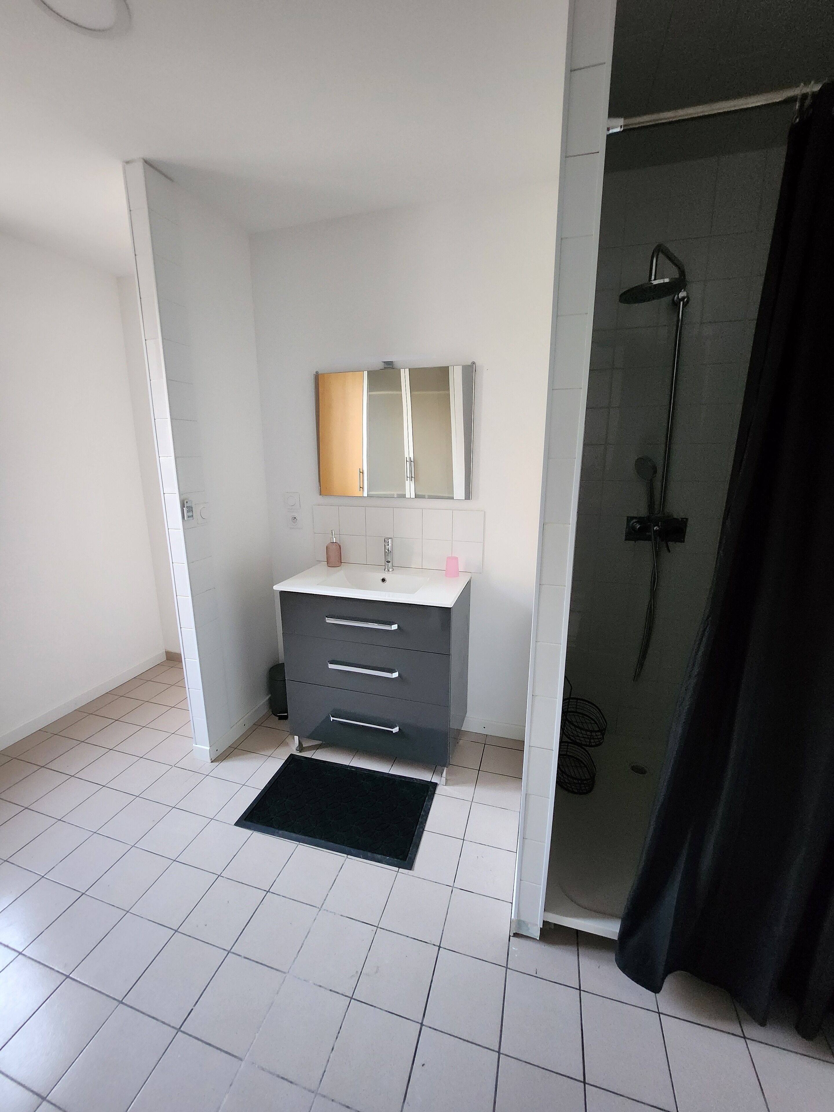 Une salle de bain avec un lavabo blanc, un miroir et un meuble gris.