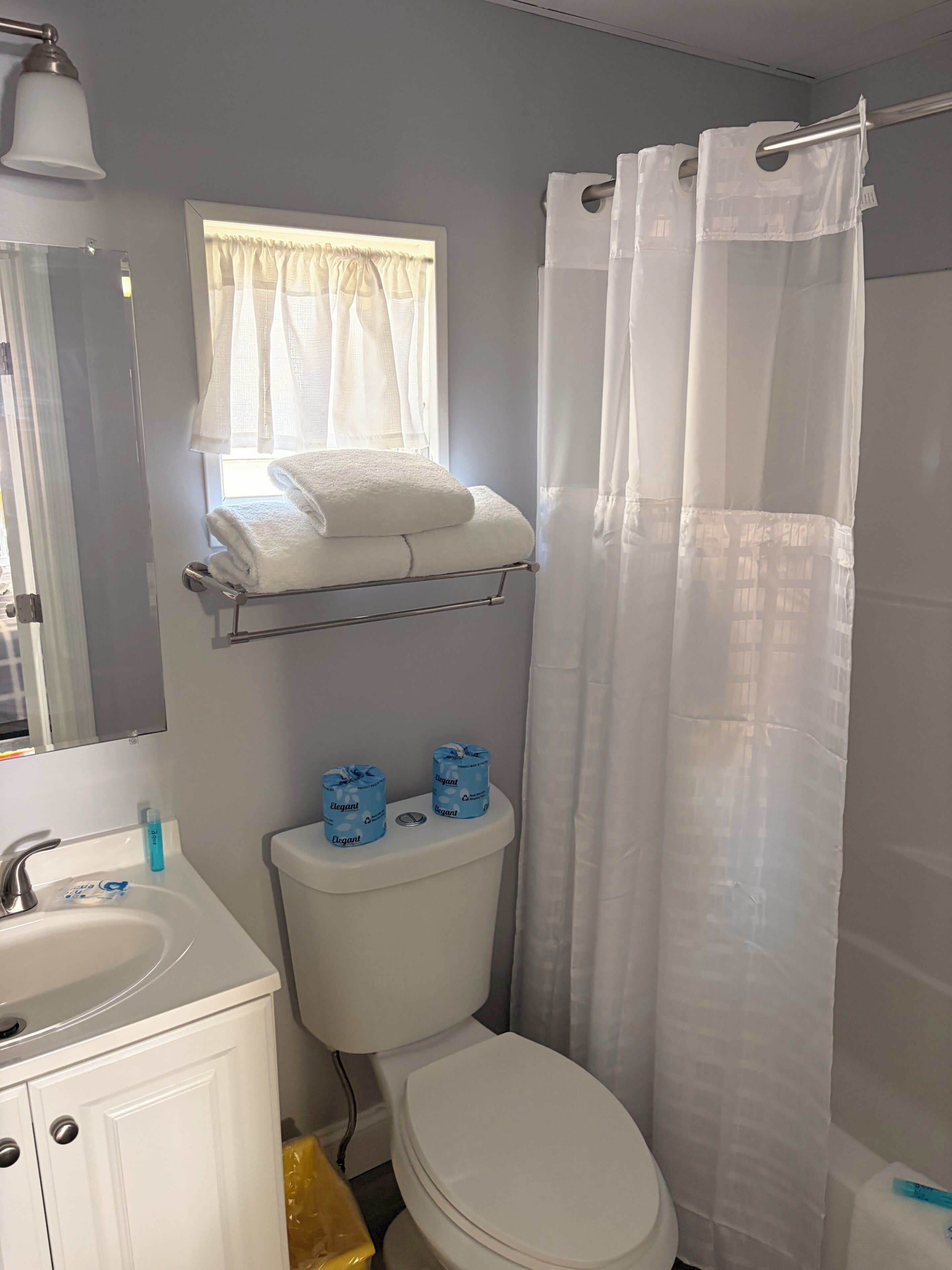 Un baño con inodoro, lavamanos, espejo, toallero y cortina de ducha.