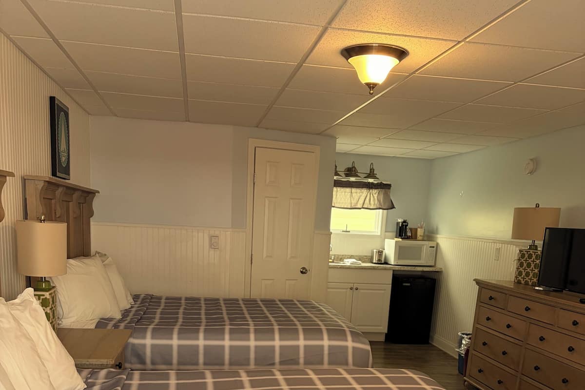 A bedroom with two beds, a dresser, a microwave, and a small kitchenette.