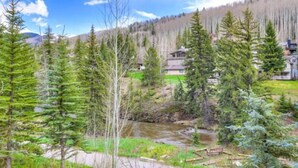 A residential area with a river, surrounded by evergreen trees and houses with a mountainous backdrop. - 5 Bedroom Luxury Townhome in Lionshead Village (Vail)